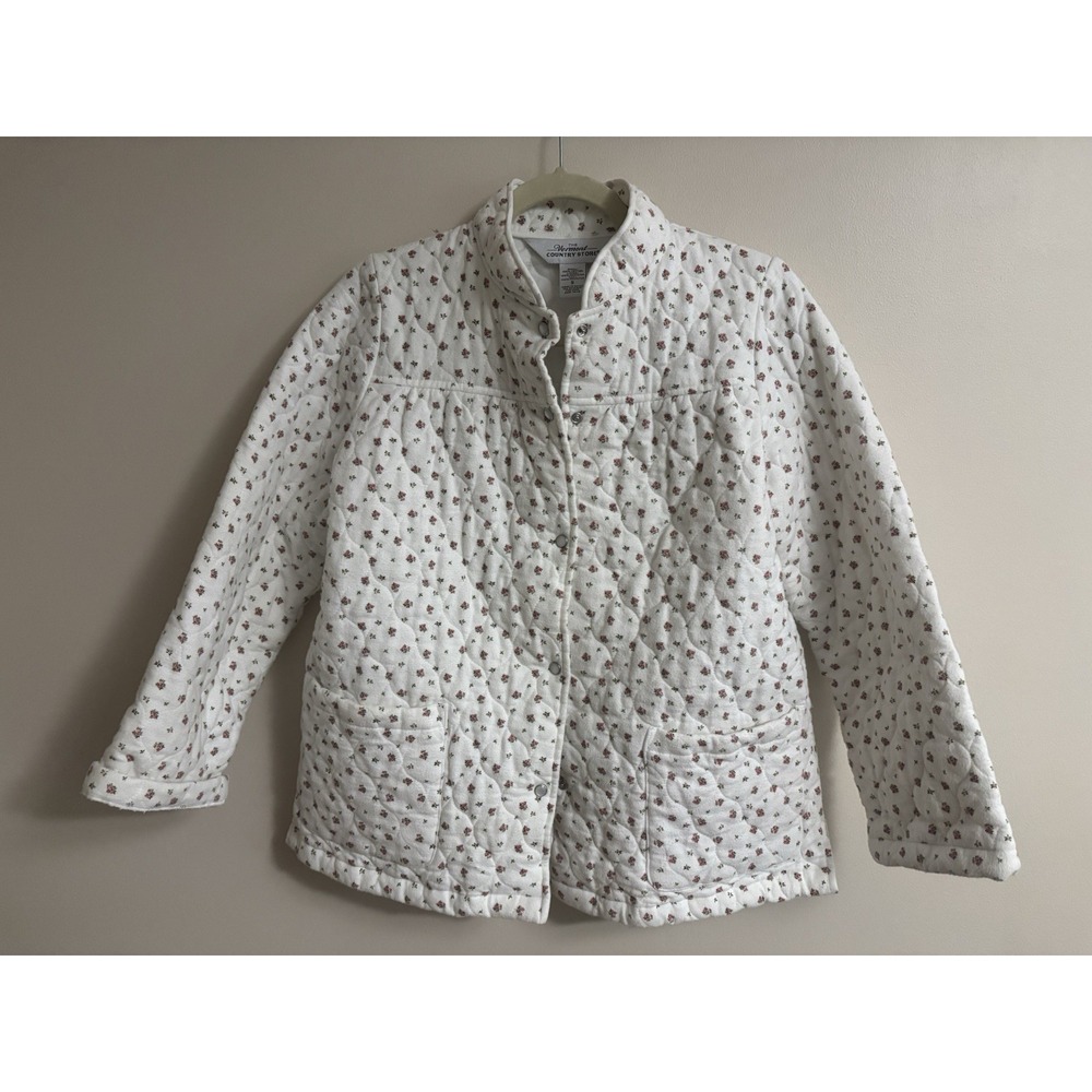 VERMONT COUNTRY STORE Double-Quilted Cotton Flannel Bed Jacket Small White Roses